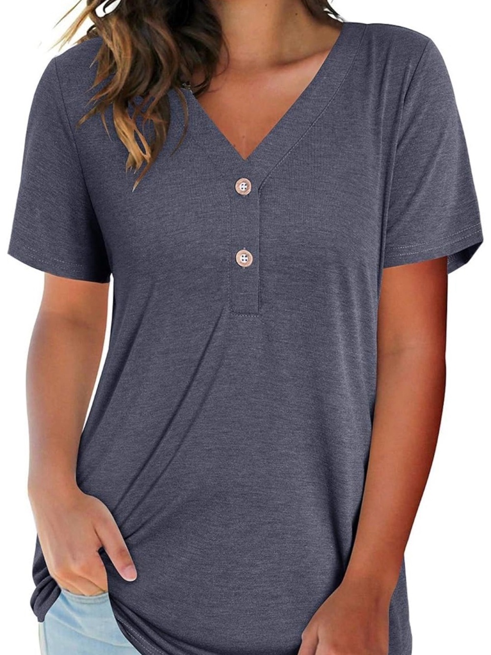 Women's Short Sleeve V-Neck Button Front Tee - Gray Blue Size Medium